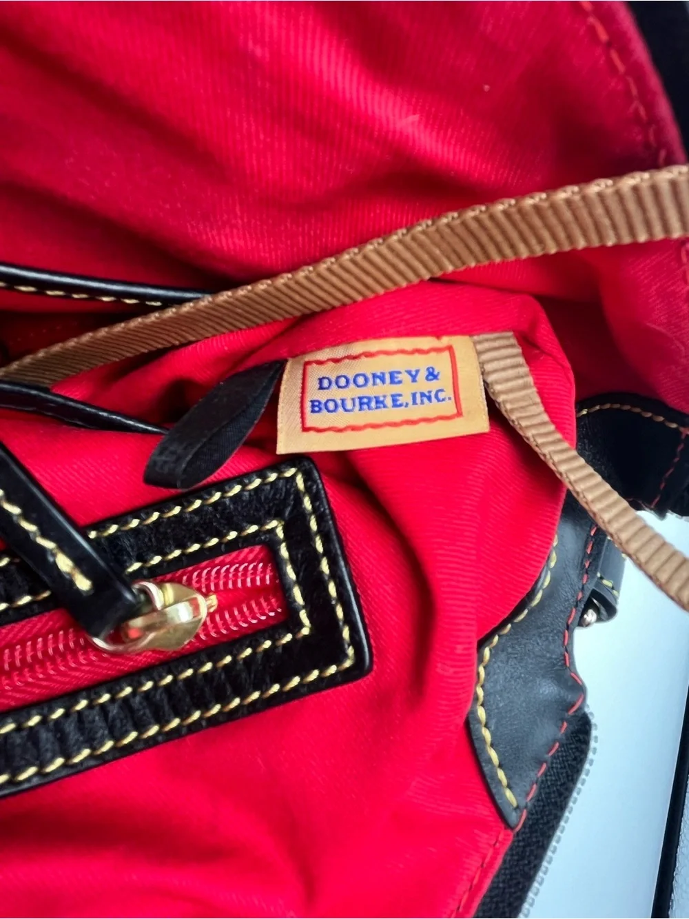 Dooney & Bourke Black Nylon Satchel with Yellow Contrast Stitching Red Lining